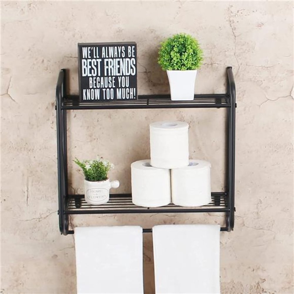 Bathroom Shelf with Towel Bar,Rustic Bathroom Shelves Wall Mounted,2 Layer